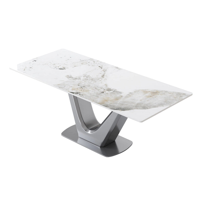 Sintered Stone Rectangle Dining Table with Stainless Steel V-Shape Pedestal