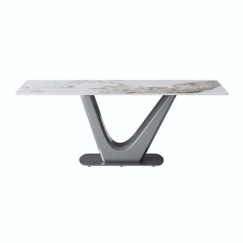 Sintered Stone Rectangle Dining Table with Stainless Steel V-Shape Pedestal