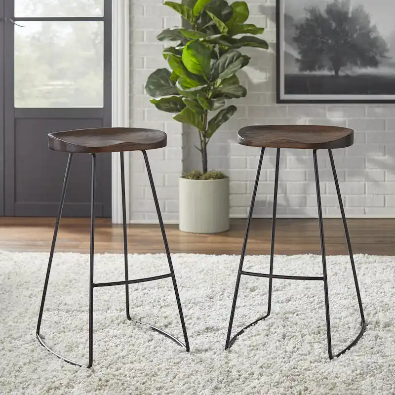 Industrial Solid Pine Scooped Seat Stool with Powder-Coated Metal Frame
