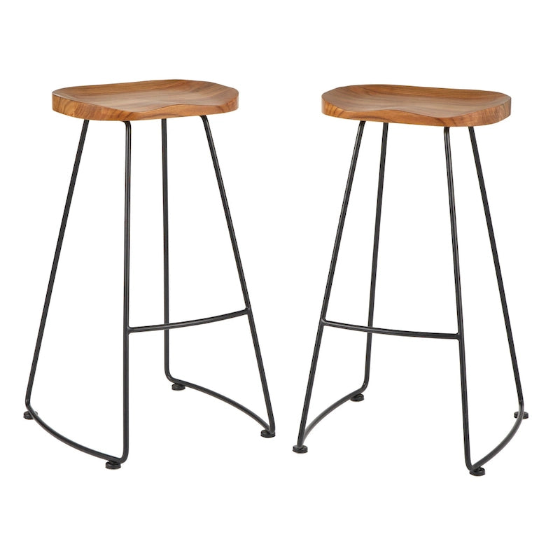 Industrial Solid Pine Scooped Seat Stool with Powder-Coated Metal Frame