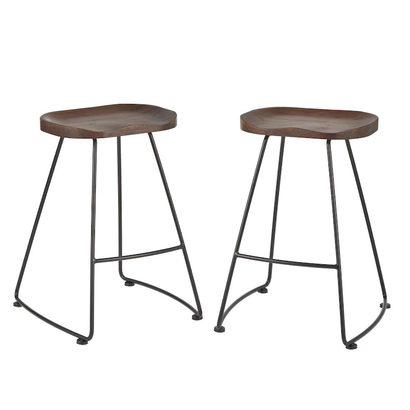 Industrial Solid Pine Scooped Seat Stool with Powder-Coated Metal Frame