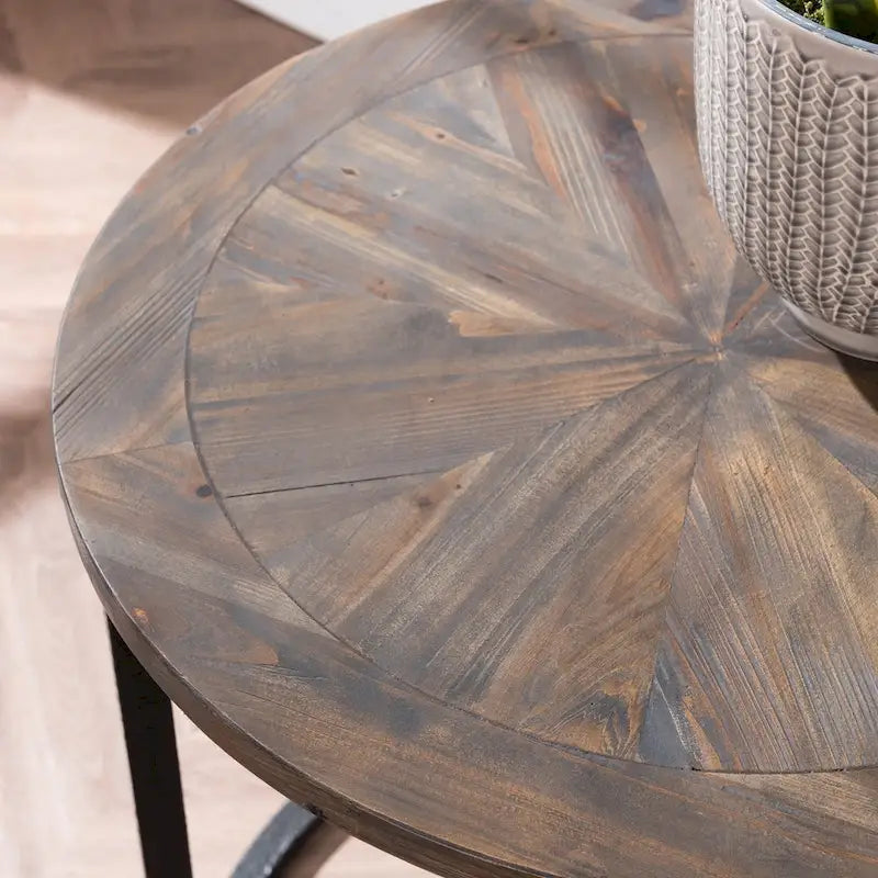 Round Reclaimed Wood Side Table with Sunburst Pattern and Black Metal Frame