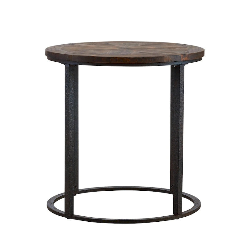 Round Reclaimed Wood Side Table with Sunburst Pattern and Black Metal Frame