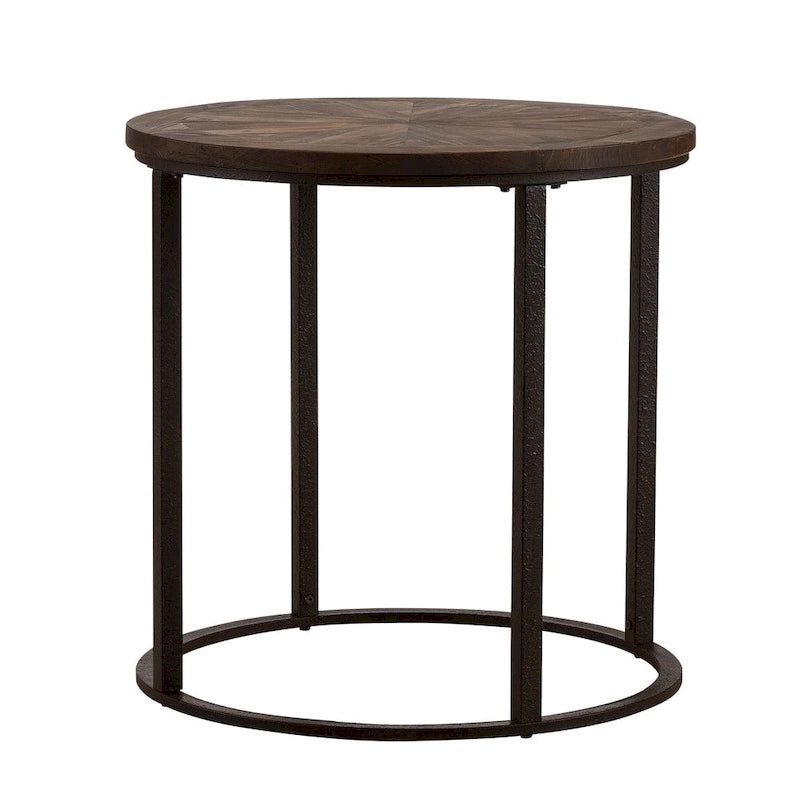 Round Reclaimed Wood Side Table with Sunburst Pattern and Black Metal Frame