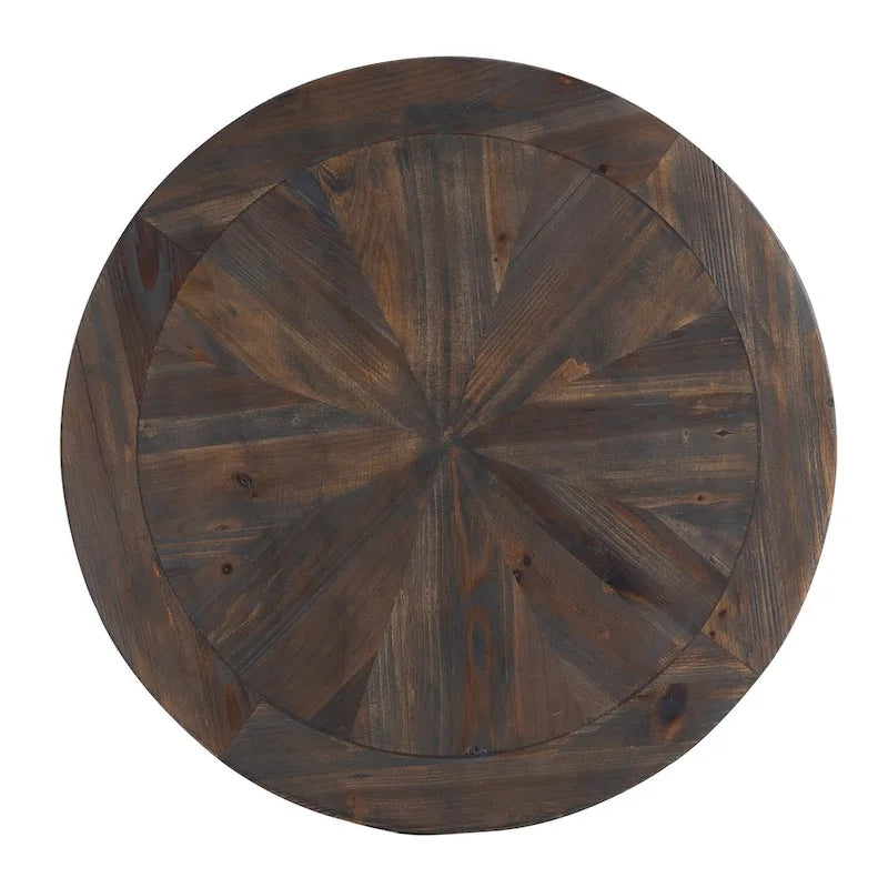 Round Reclaimed Wood Side Table with Sunburst Pattern and Black Metal Frame