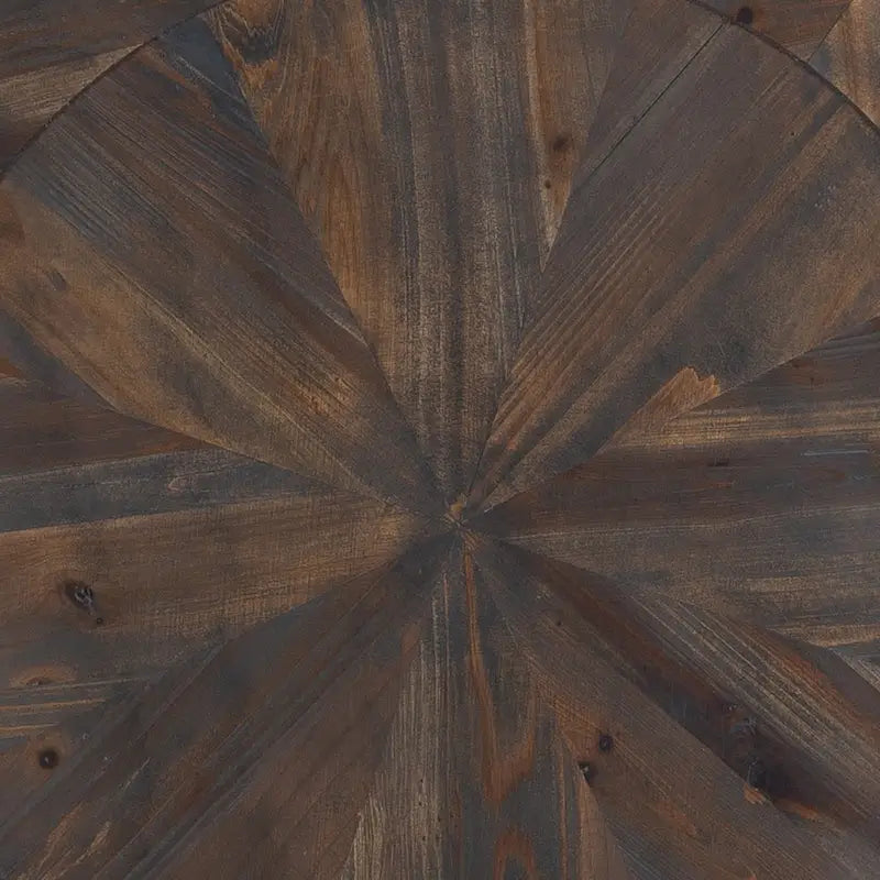 Round Reclaimed Wood Side Table with Sunburst Pattern and Black Metal Frame