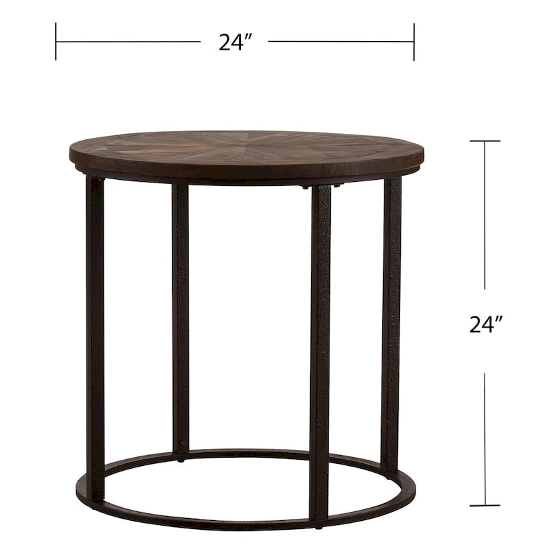 Round Reclaimed Wood Side Table with Sunburst Pattern and Black Metal Frame
