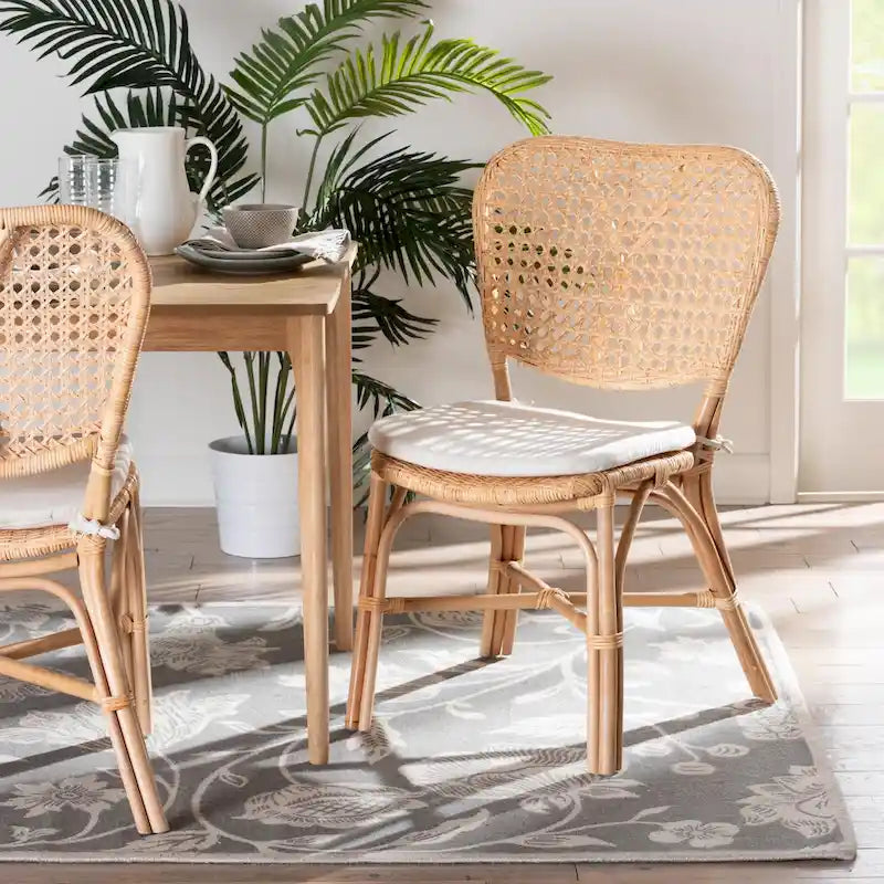 Bohemian Natural Brown Rattan Dining Chair with Removable Cushion