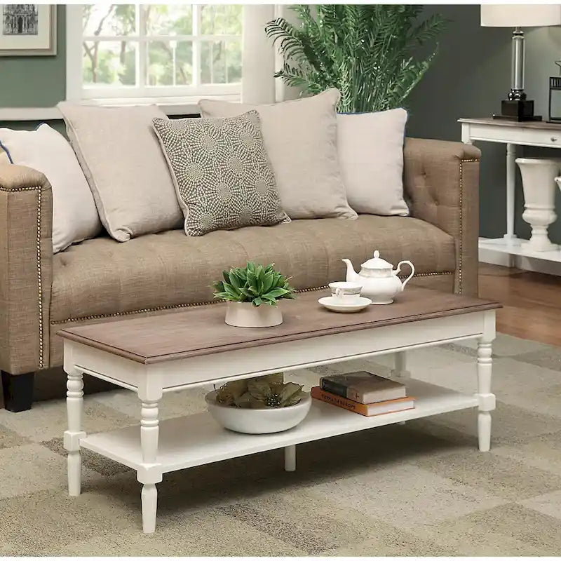 Carved Turned Leg Coffee Table with Bottom Shelf and Storage