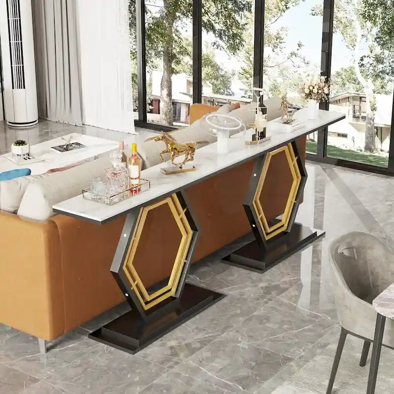 Sintered Stone Console Table with Geometric Metal Base and Anti-Scratch Surface