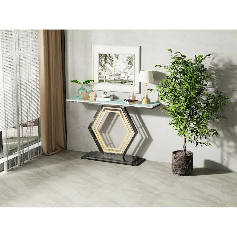 Sintered Stone Console Table with Geometric Metal Base and Anti-Scratch Surface