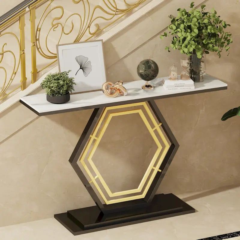 Sintered Stone Console Table with Geometric Metal Base and Anti-Scratch Surface