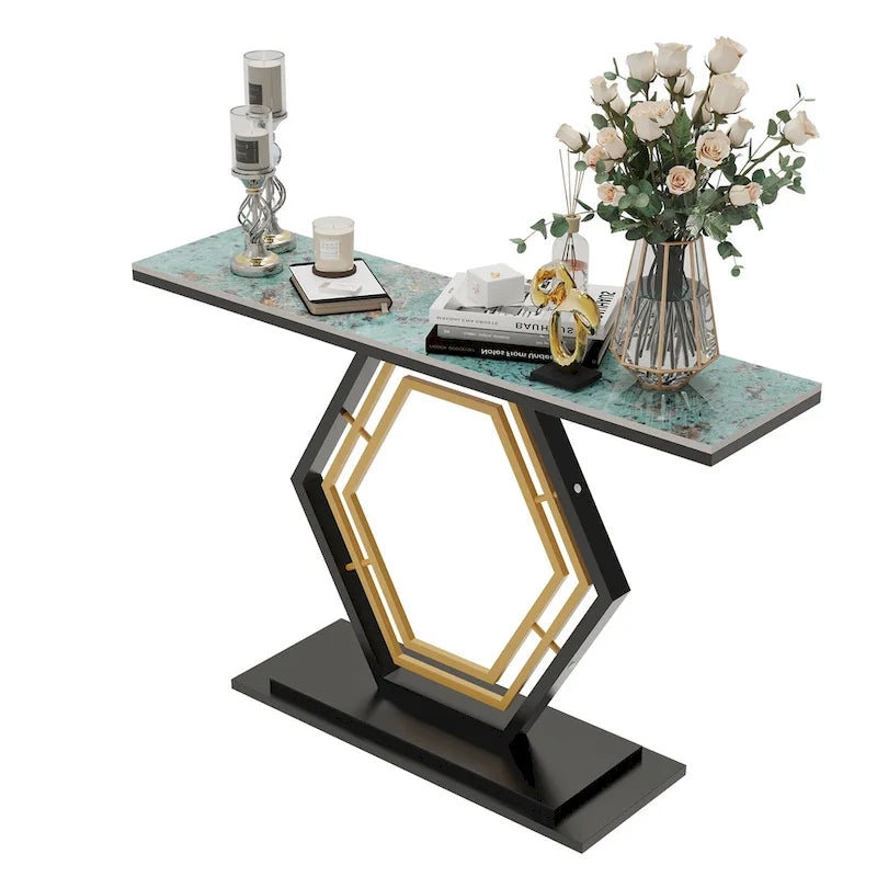 Sintered Stone Console Table with Geometric Metal Base and Anti-Scratch Surface