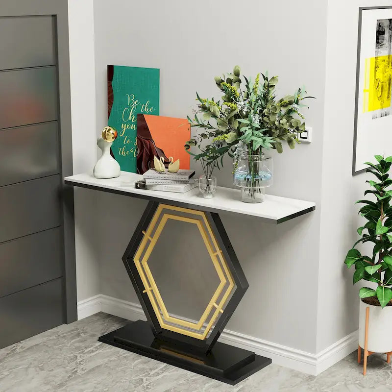 Sintered Stone Console Table with Geometric Metal Base and Anti-Scratch Surface