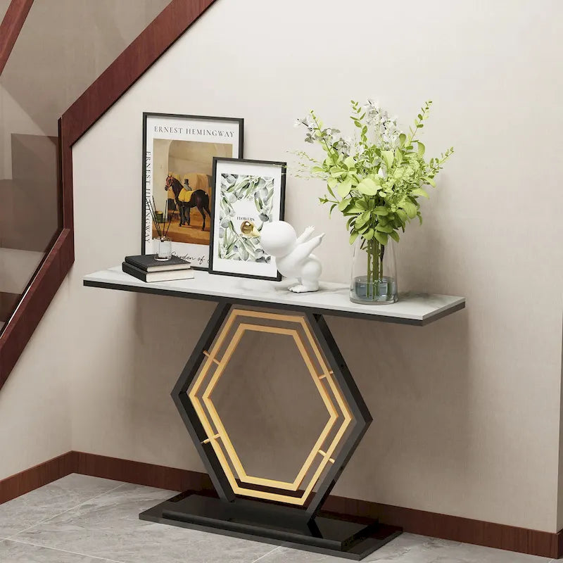 Sintered Stone Console Table with Geometric Metal Base and Anti-Scratch Surface