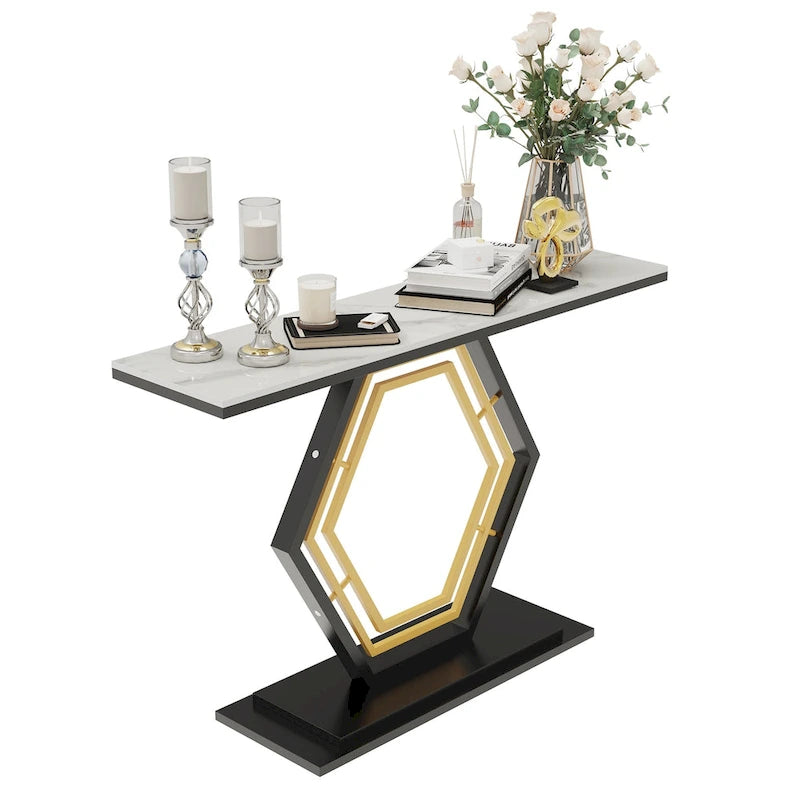 Sintered Stone Console Table with Geometric Metal Base and Anti-Scratch Surface