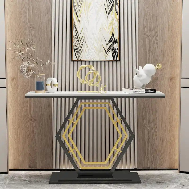 Sintered Stone Console Table with Geometric Metal Base and Anti-Scratch Surface