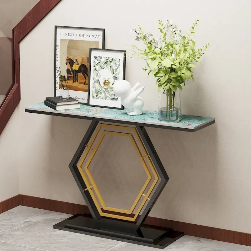 Sintered Stone Console Table with Geometric Metal Base and Anti-Scratch Surface