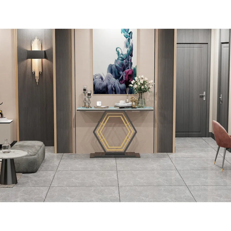 Sintered Stone Console Table with Geometric Metal Base and Anti-Scratch Surface
