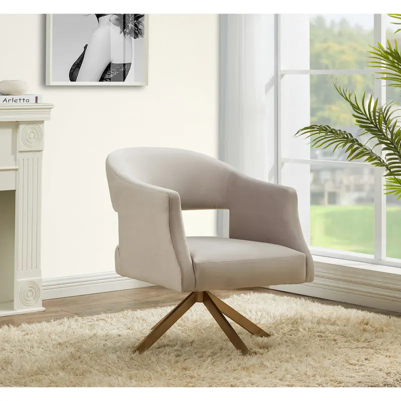 Modern Velvet Swivel Accent Chair with Geometric Cutout Back and Gold Base