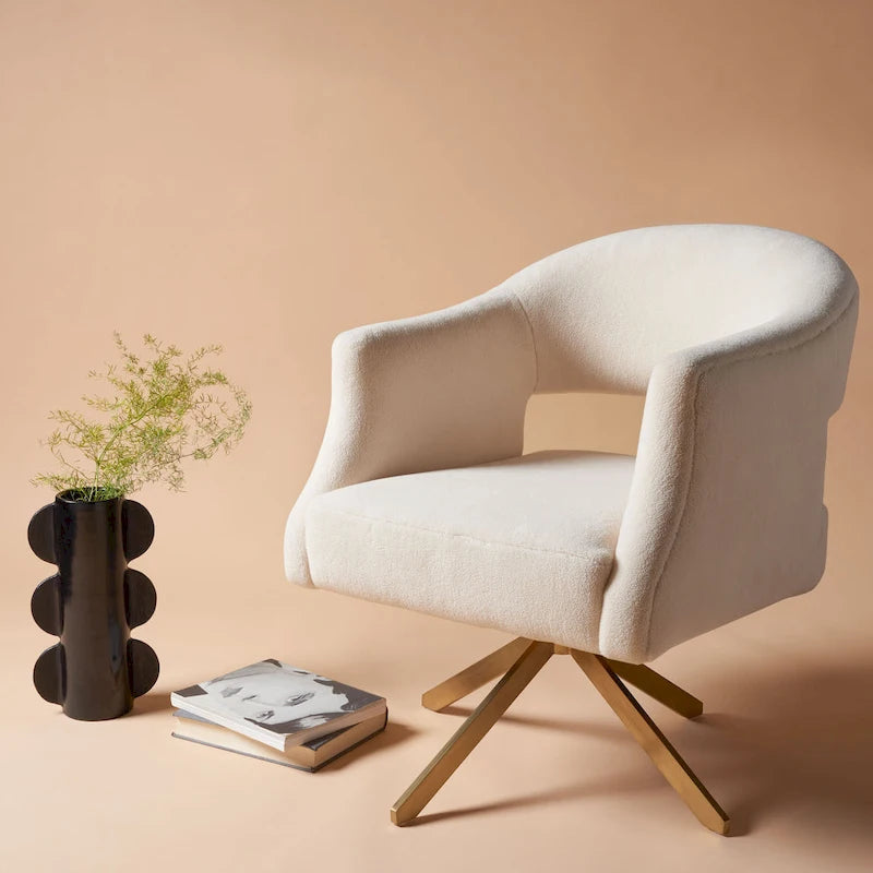 Modern Velvet Swivel Accent Chair with Geometric Cutout Back and Gold Base