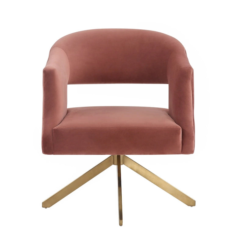 Modern Velvet Swivel Accent Chair with Geometric Cutout Back and Gold Base