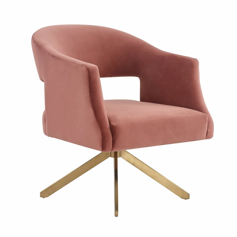 Modern Velvet Swivel Accent Chair with Geometric Cutout Back and Gold Base