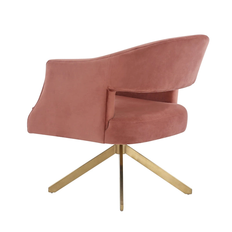 Modern Velvet Swivel Accent Chair with Geometric Cutout Back and Gold Base