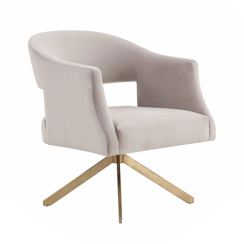 Modern Velvet Swivel Accent Chair with Geometric Cutout Back and Gold Base