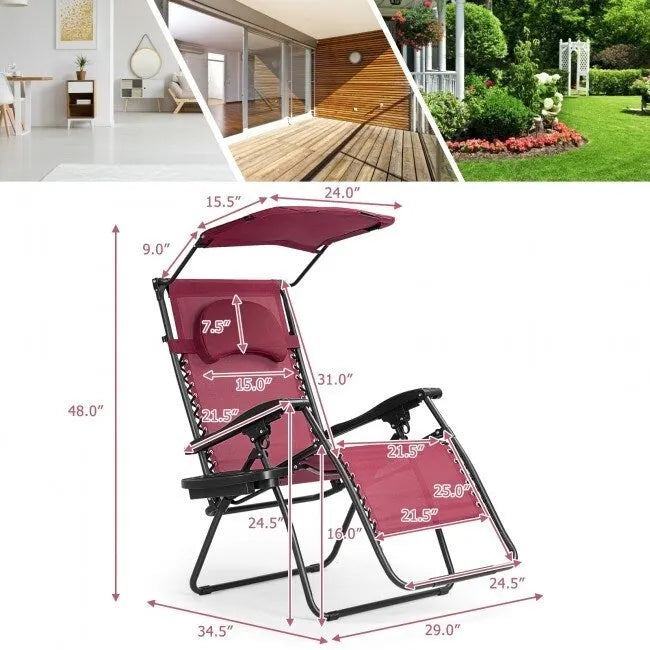 Dark Red Portable Reclining Lounge Chair with Sunshade Canopy and Cup Holder