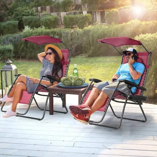 Portable Reclining Lounge Chair with Sunshade, Cup Holder, and Folding Design - Dark Red
