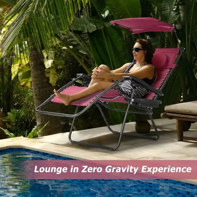 Dark Red Portable Reclining Lounge Chair with Sunshade Canopy and Cup Holder