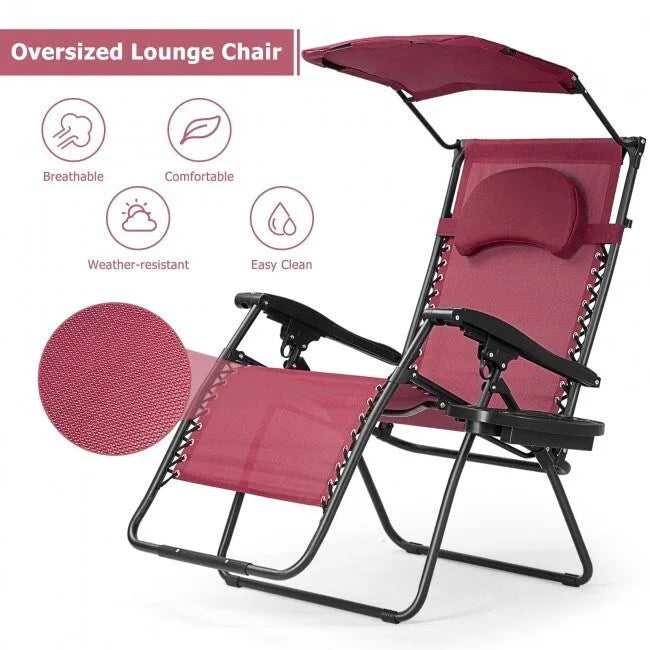 Dark Red Portable Reclining Lounge Chair with Sunshade Canopy and Cup Holder