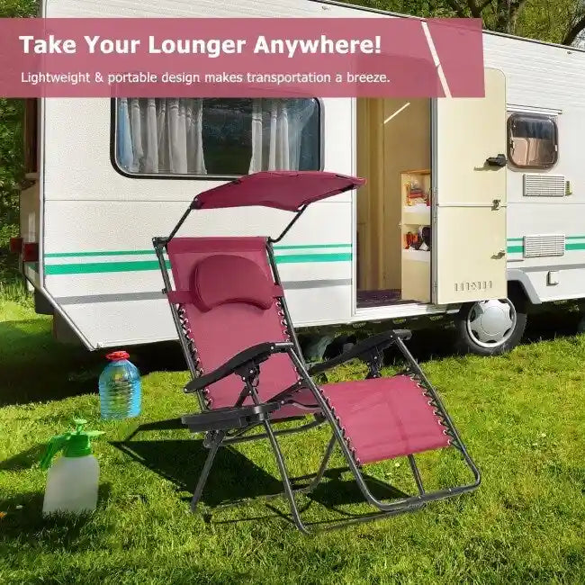 Dark Red Portable Reclining Lounge Chair with Sunshade Canopy and Cup Holder