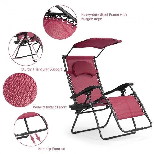 Dark Red Portable Reclining Lounge Chair with Sunshade Canopy and Cup Holder