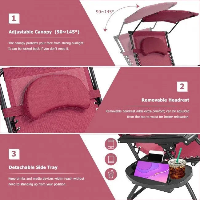 Dark Red Portable Reclining Lounge Chair with Sunshade Canopy and Cup Holder
