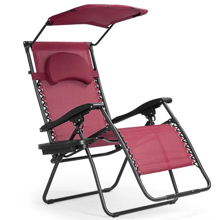 Dark Red Portable Reclining Lounge Chair with Sunshade Canopy and Cup Holder