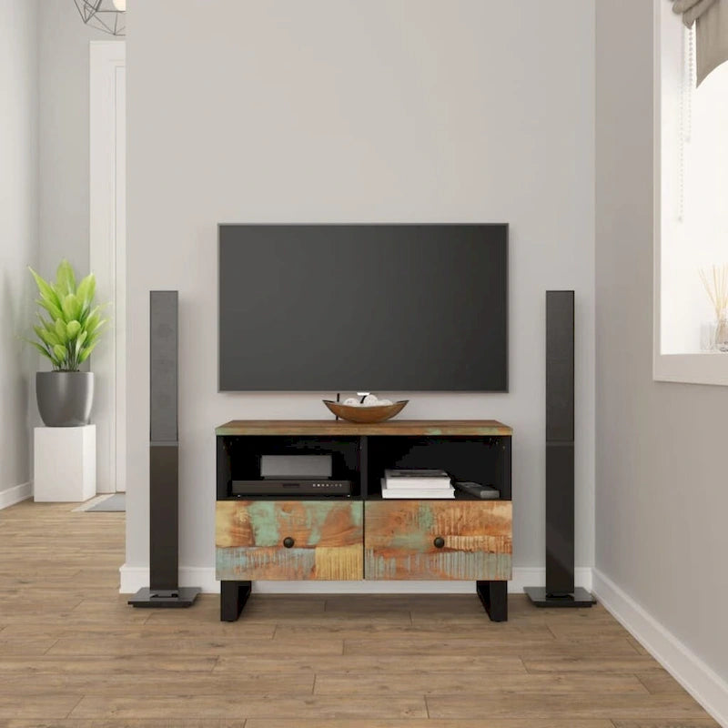 Industrial Solid Wood TV Stand with Two Drawers and Two Storage Compartments