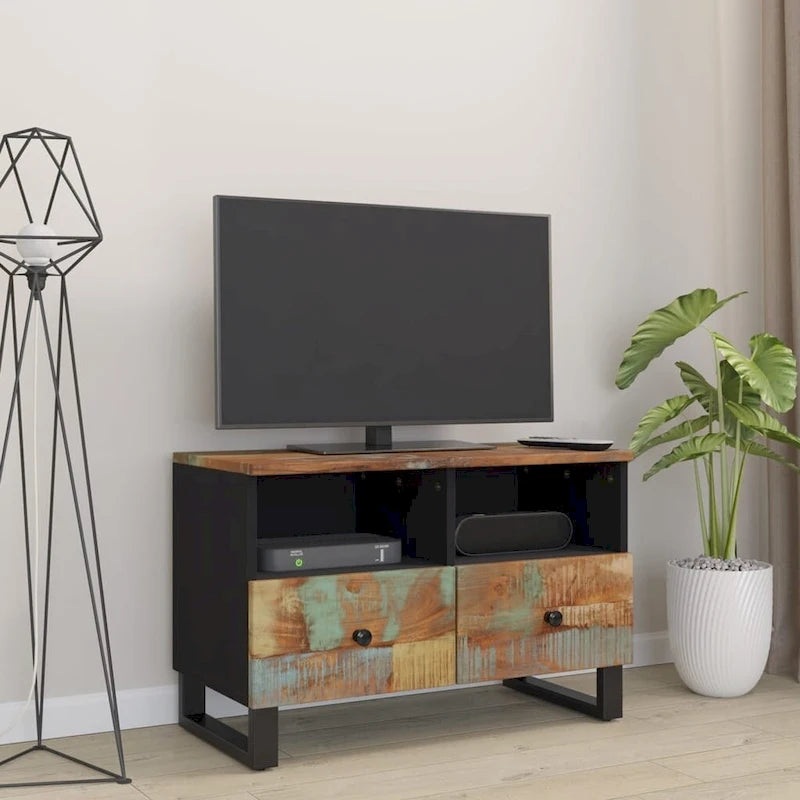 Industrial Solid Wood TV Stand with Two Drawers and Two Storage Compartments
