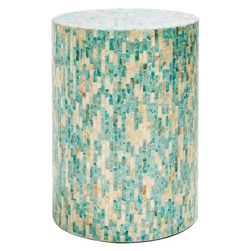 Blue Mosaic Round Accent Side Table with Gold Variegated Design