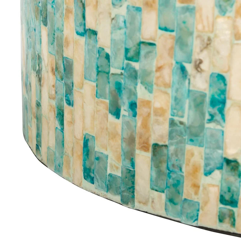 Blue Mosaic Round Accent Side Table with Gold Variegated Design