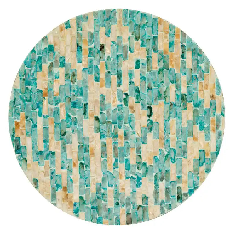 Blue Mosaic Round Accent Side Table with Gold Variegated Design