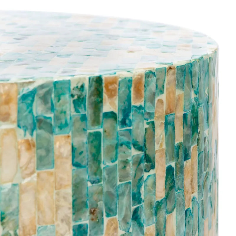 Blue Mosaic Round Accent Side Table with Gold Variegated Design