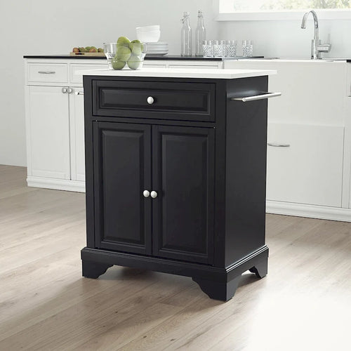 Black Portable Kitchen Island Cart with White Granite Top and Cabinet Storage