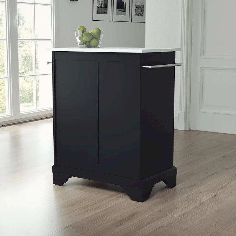 Black Portable Kitchen Island Cart with White Granite Top and Cabinet Storage