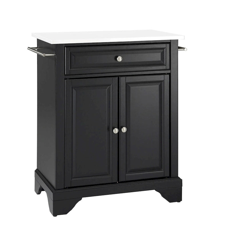 Black Portable Kitchen Island Cart with White Granite Top and Cabinet Storage