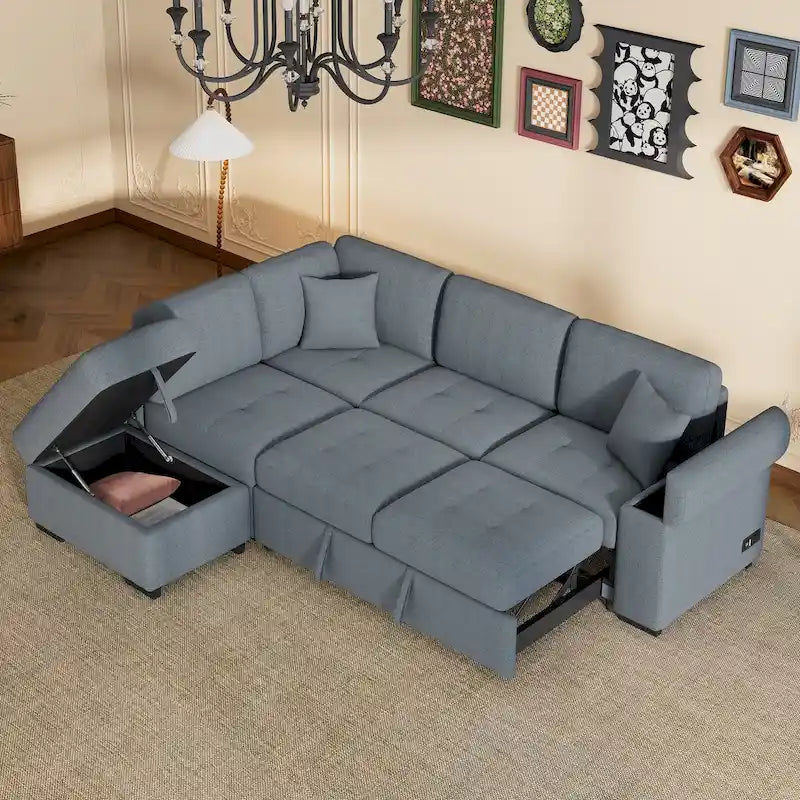 87.4 in. L-Shape Velvet Sleeper Sectional Sofa in. 5-Seat Sofa Bed with 2-USB, Storage Ottoman and Hidden Storage Arm