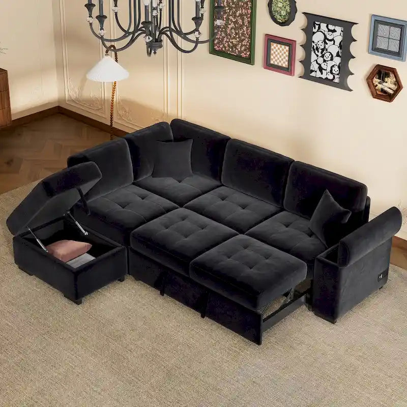 87.4 in. L-Shape Velvet Sleeper Sectional Sofa in. 5-Seat Sofa Bed with 2-USB, Storage Ottoman and Hidden Storage Arm
