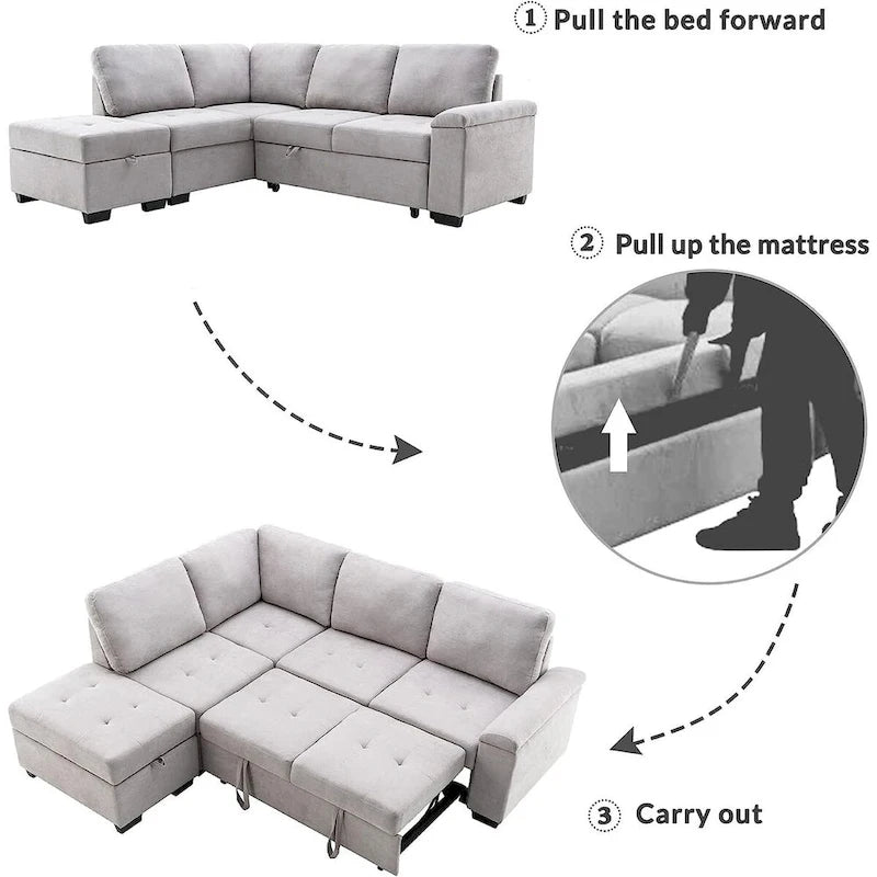 87.4 in. L-Shape Velvet Sleeper Sectional Sofa in. 5-Seat Sofa Bed with 2-USB, Storage Ottoman and Hidden Storage Arm