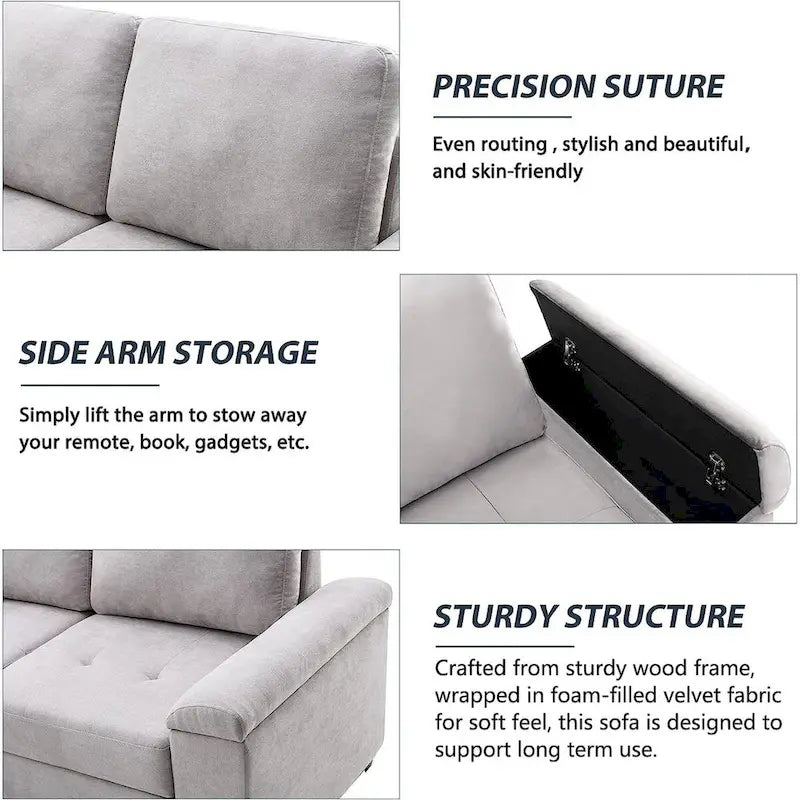 87.4 in. L-Shape Velvet Sleeper Sectional Sofa in. 5-Seat Sofa Bed with 2-USB, Storage Ottoman and Hidden Storage Arm